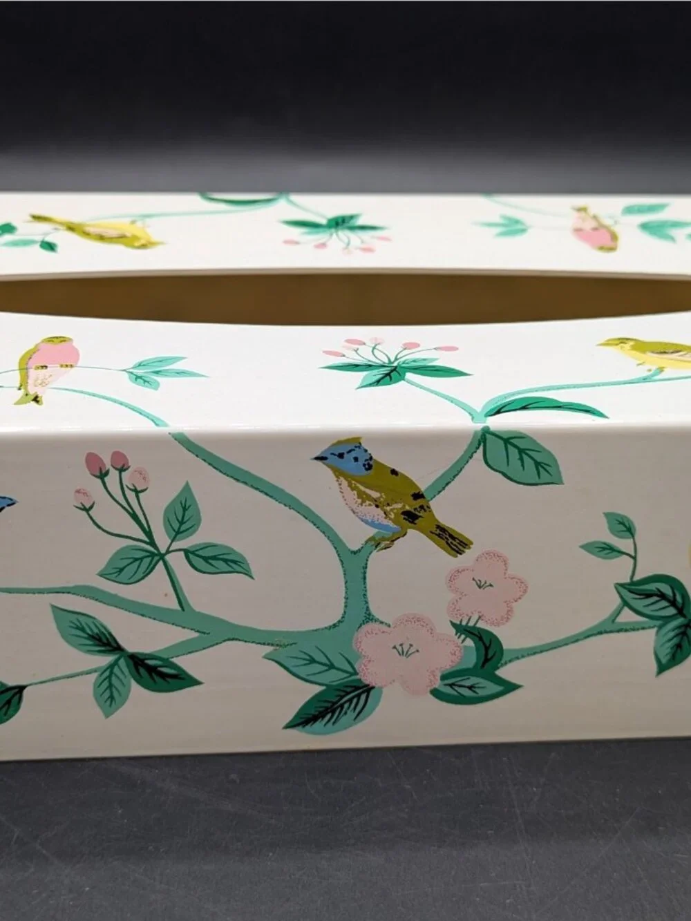 Vintage Tissue Box Cover Birds Flower Branches Floral Hard Plastic Rectangular
